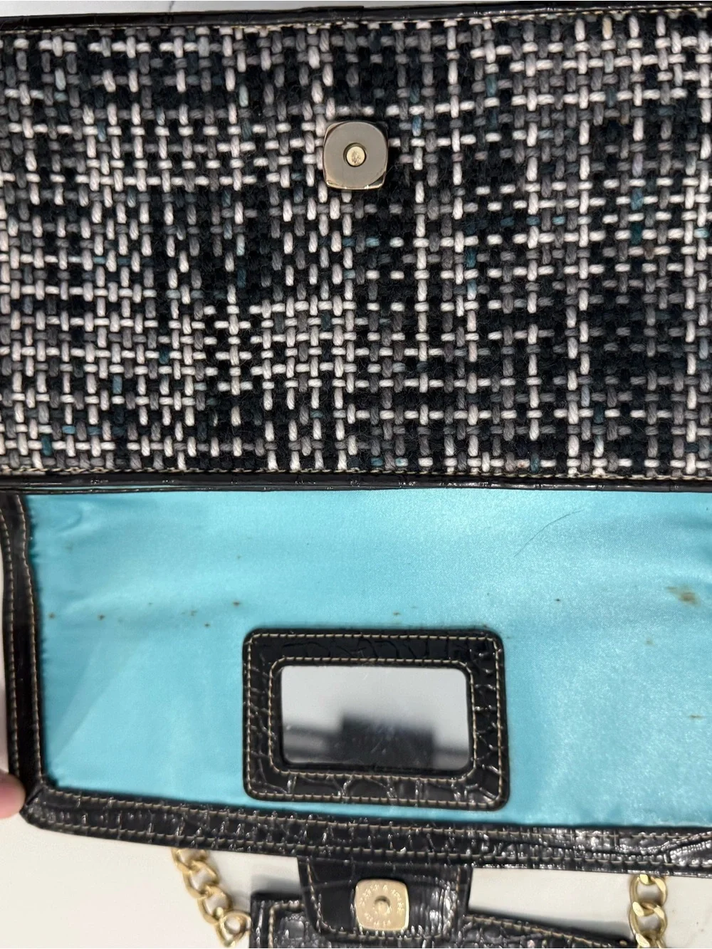 Liz Claiborne Black and White Tweed Shoulder Bag with Gold Chain